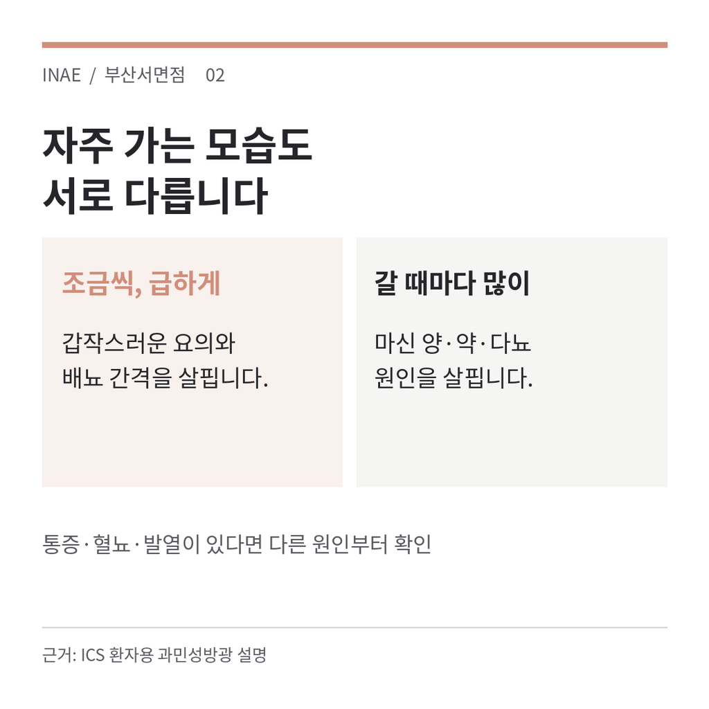 조금씩 급하게 소변을 보는 경우와 매번 소변량이 많은 경우의 확인 항목을 비교한 표