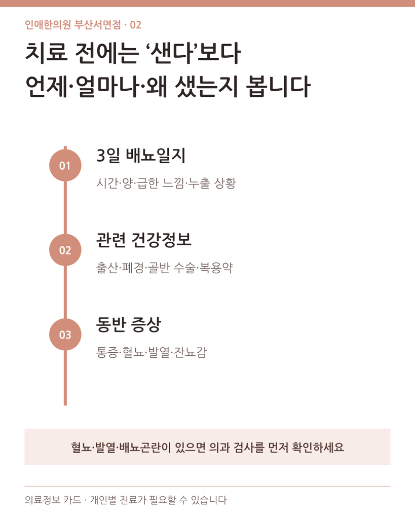 배뇨일지, 출산·폐경·수술 이력과 복용약, 통증·혈뇨 등 상담 전 확인 항목