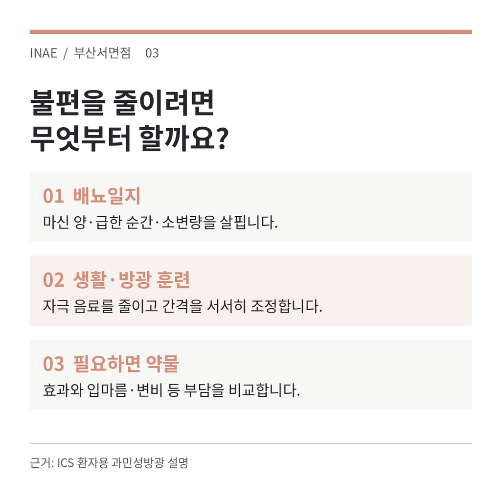 과민성방광의 배뇨일지 작성, 생활 습관 조정과 방광훈련, 약물치료 검토를 정리한 안내